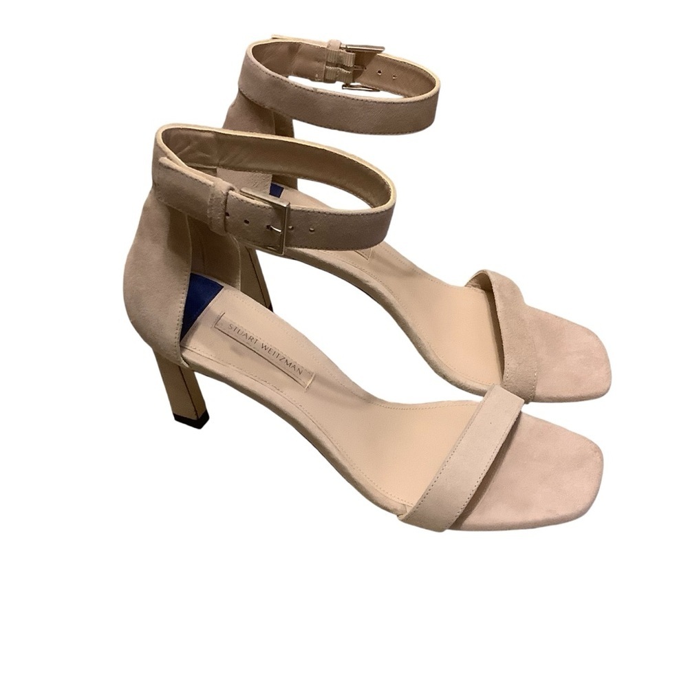 STUART WEITZMAN SQUARE NUDIST WHEAT LUXE SUEDE SANDAL/ Size 6.5M